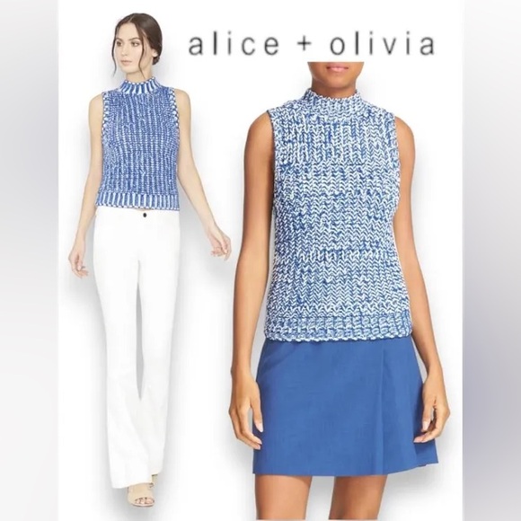 Alice + Olivia Tomi Chunky Knit Sleeveless Sweater Blue & White Size XS NWT - Picture 2 of 8